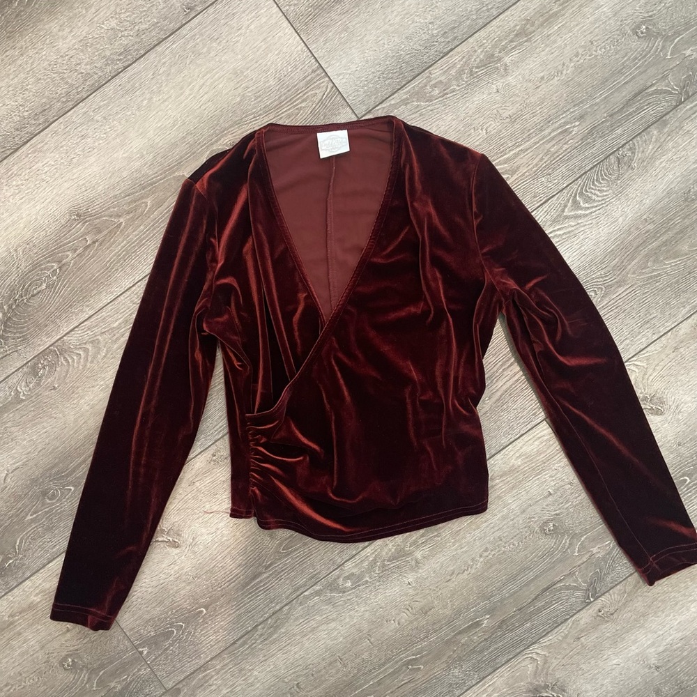 Carol Le Valley San Francisco burgundy velvet wrap blouse.
